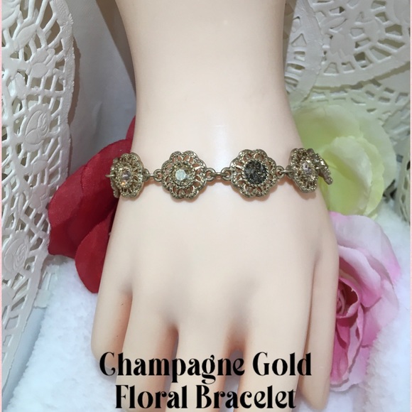 Sparkling Champagne Crystal Gold Floral Bracelet - Picture 2 of 6